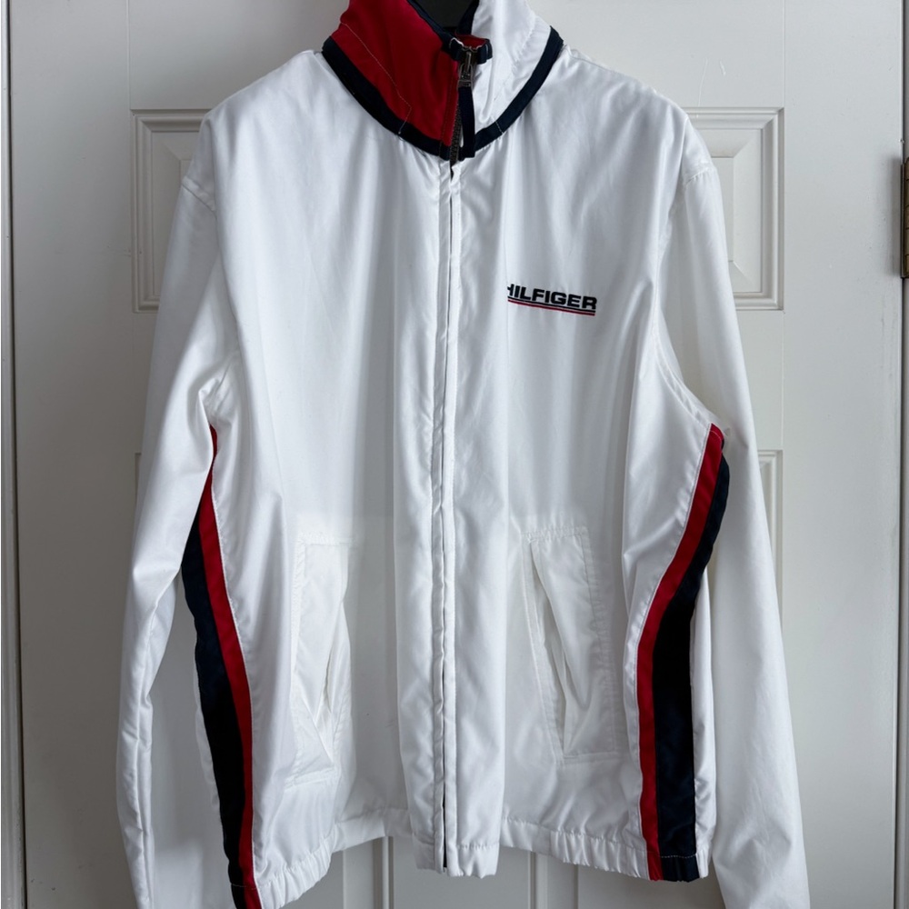 Tommy Hilfiger Red and White Windbreaker with hidden hoodie.